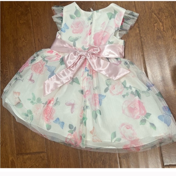 NWOT Rare Editions White Floral Dress with Pink Bow - Picture 2 of 3